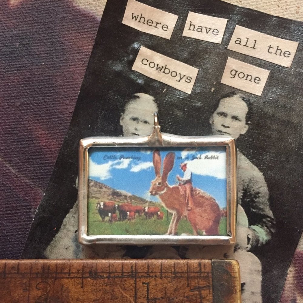 Western cowboy Yellowstone Cowpunching on a JackRabbit vintage glass pendant